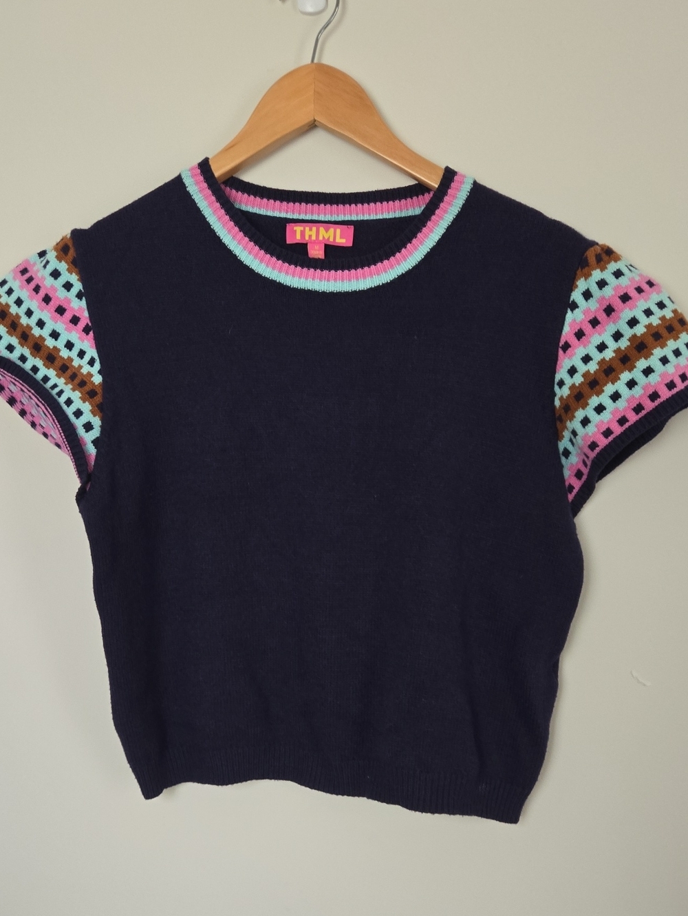 EUC THML Navy Crewneck Short Sleeve Sweater with Pink and Mint Trim